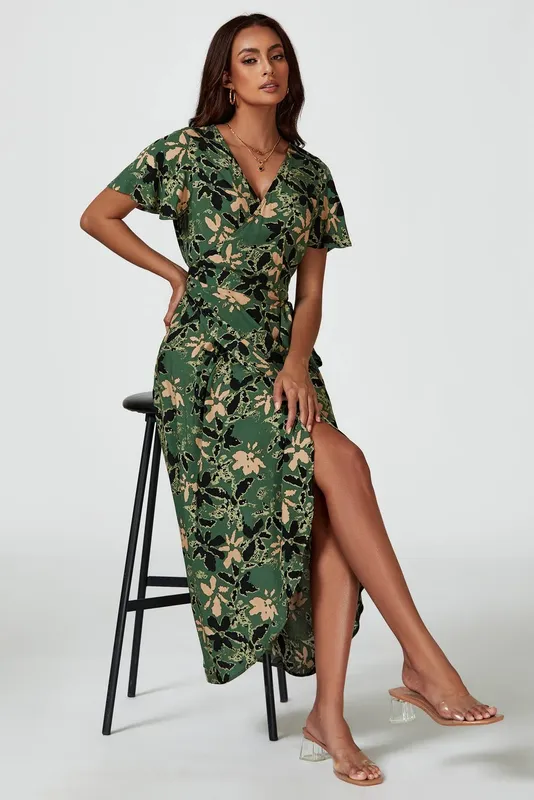 FS Collection Women's Abstract Floral Wrap Maxi Dress In Olive Size: XS - Olive