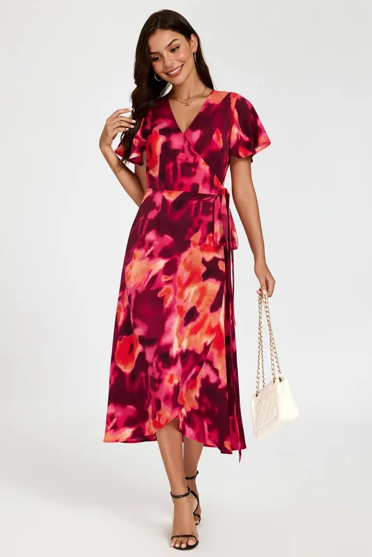 FS Collection Women's Abstract Print Wrap Maxi Dress In Burgundy Size: XS - Burgundy