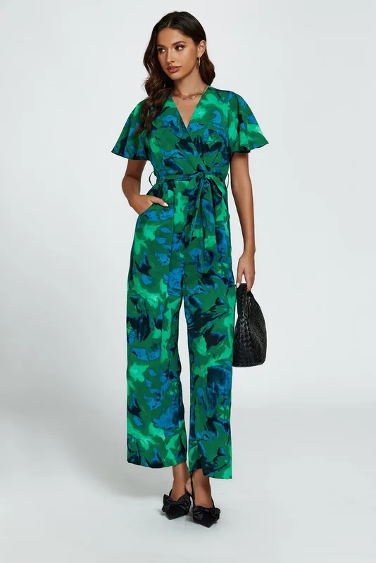 FS Collection Women's Abstract Print Wrap Top Jumpsuit In Green Size: XS - Green