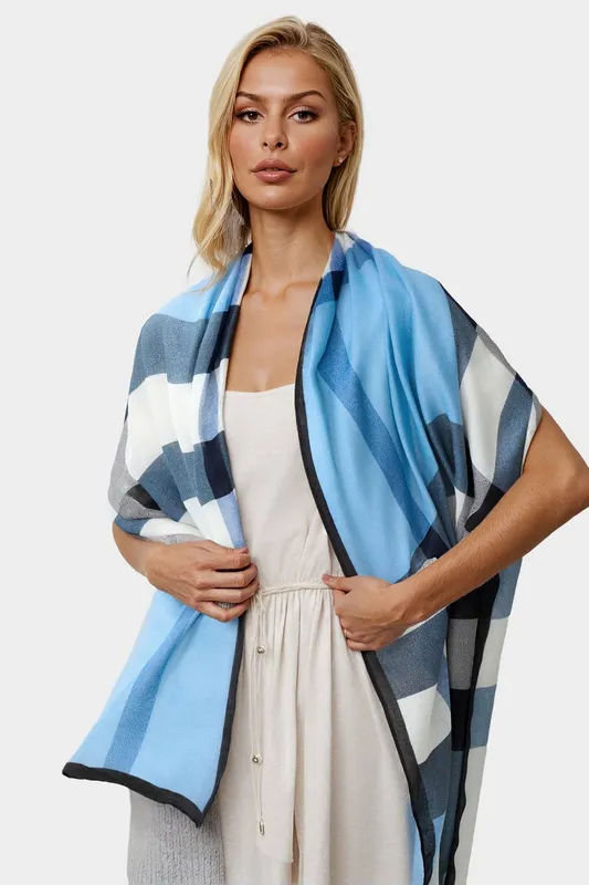 FS Collection Women's Check Print Scarf In Black & Blue - Blue