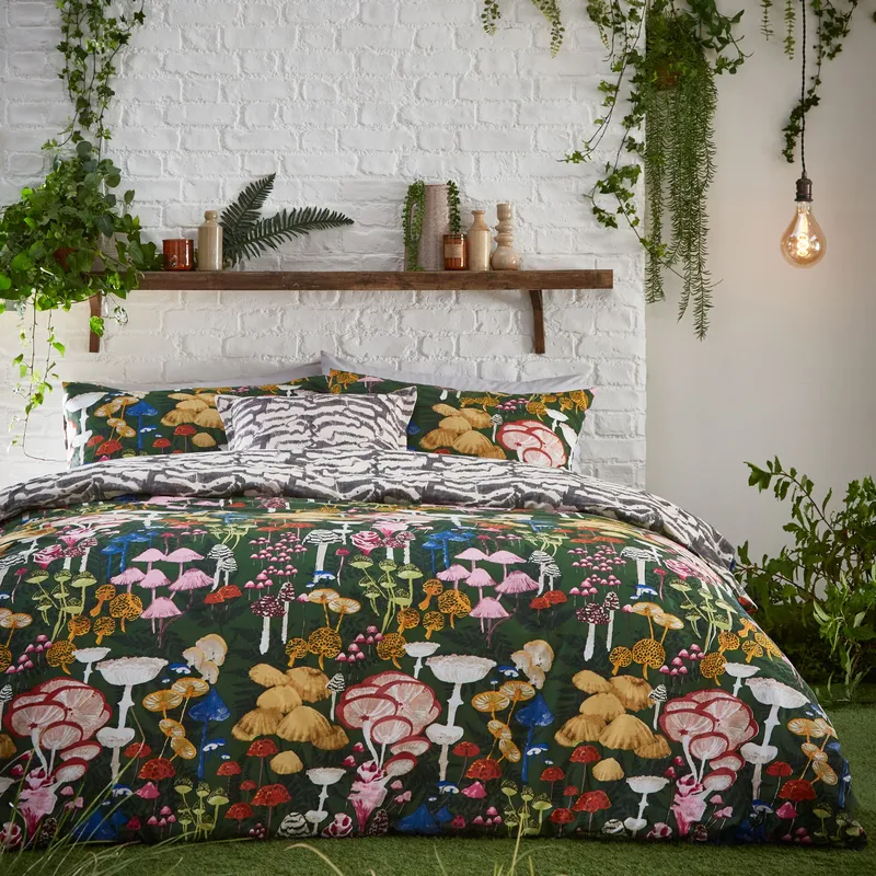 Furn. Amanita Abstract Mushroom Duvet Cover Set - Forest Green Polycotton - Size King