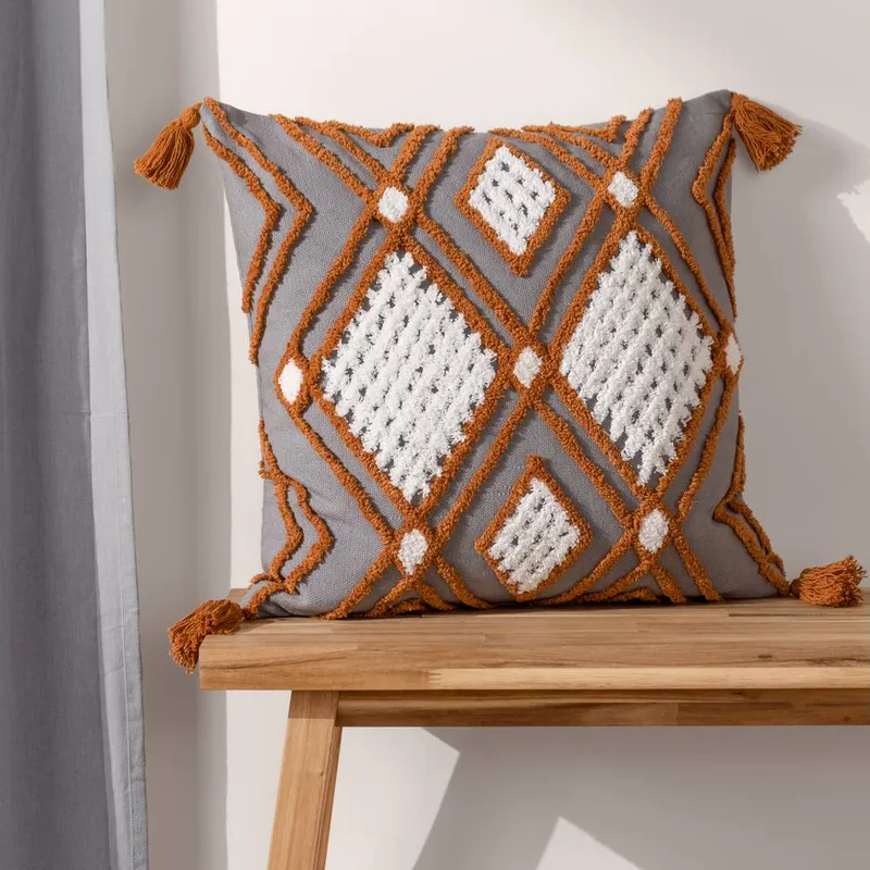 Furn Aquene 100% Cotton Tufted Tasselled Cushion in Charcoal Size: 50cm x 50cm - Charcoal