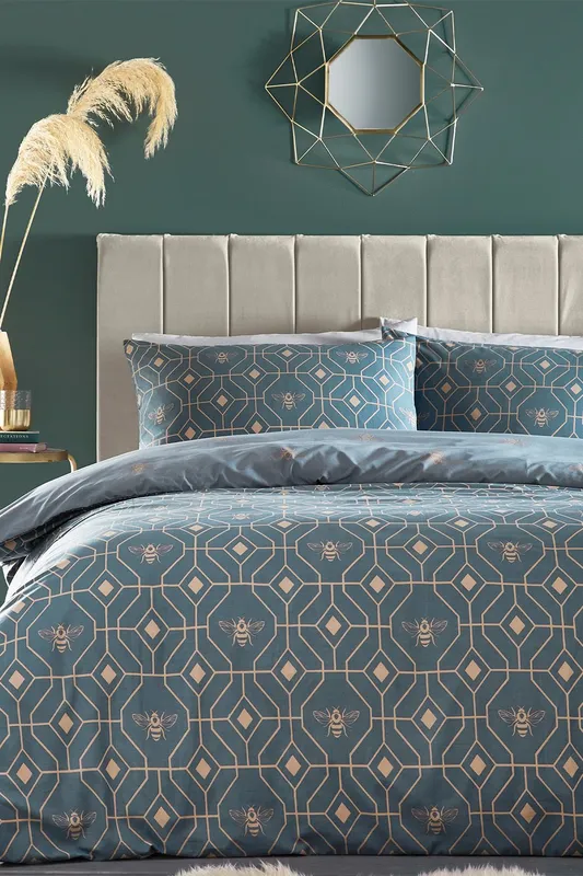 Furn. Bee Deco Geometric Duvet Cover Set - Blue Polycotton - Size Double