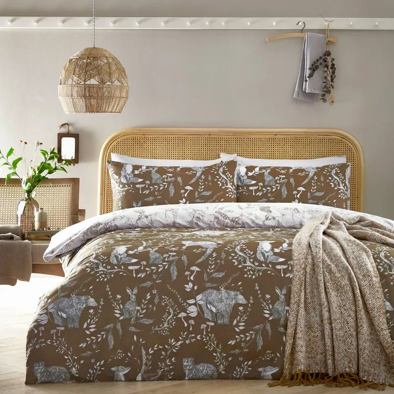 Furn. Buckthorn Woodland Duvet Cover Set - Brown Polycotton - Size Double
