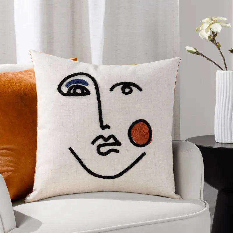 Furn Cleo Linear Crewel Embroidered Cushion in Light Brown Size: 45cm x 45cm - Light Brown - Size: 45cm x 45cm