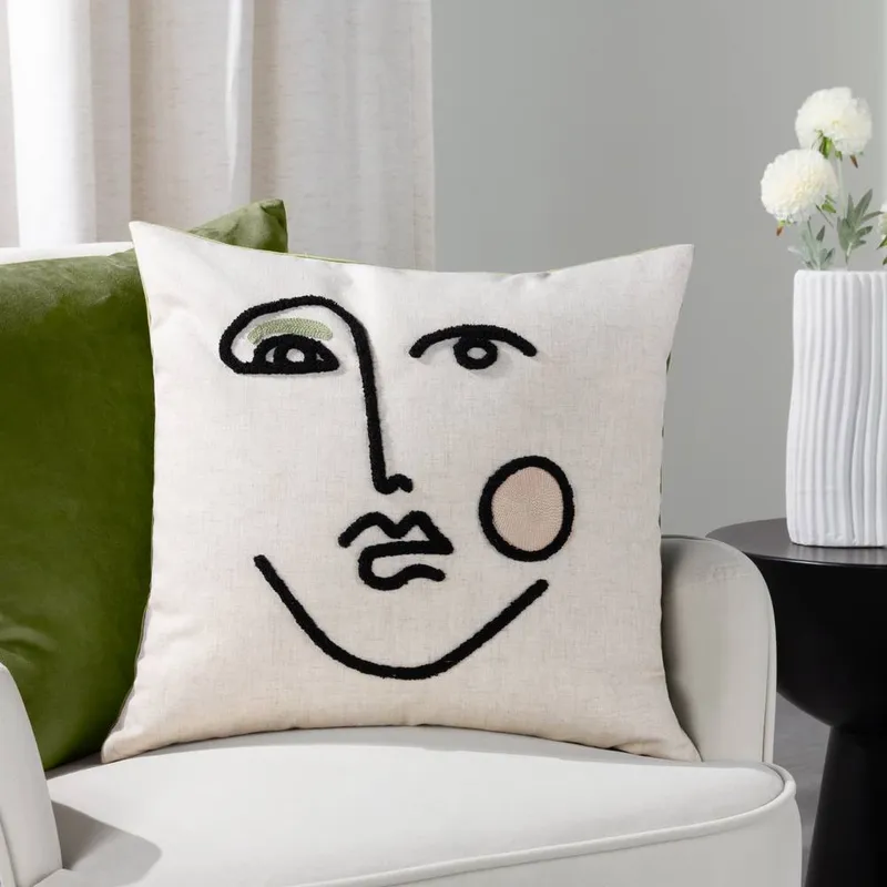 Furn Cleo Linear Crewel Embroidered Cushion in Pink Size: 45cm x 45cm - Pink