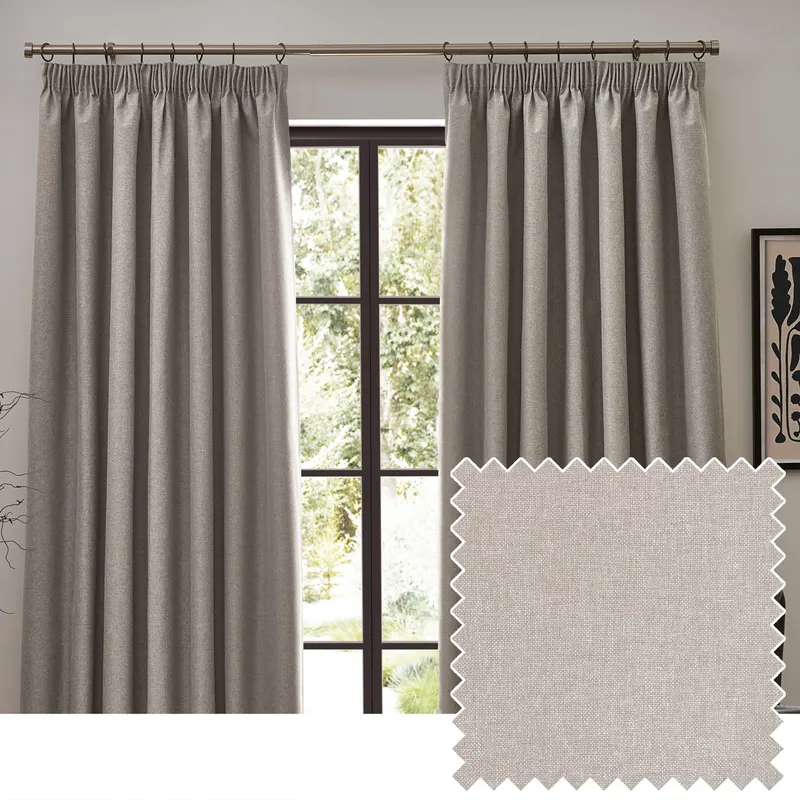 Furn. Dawn Textured Ready Made Pencil Pleat Blackout Curtains Linen