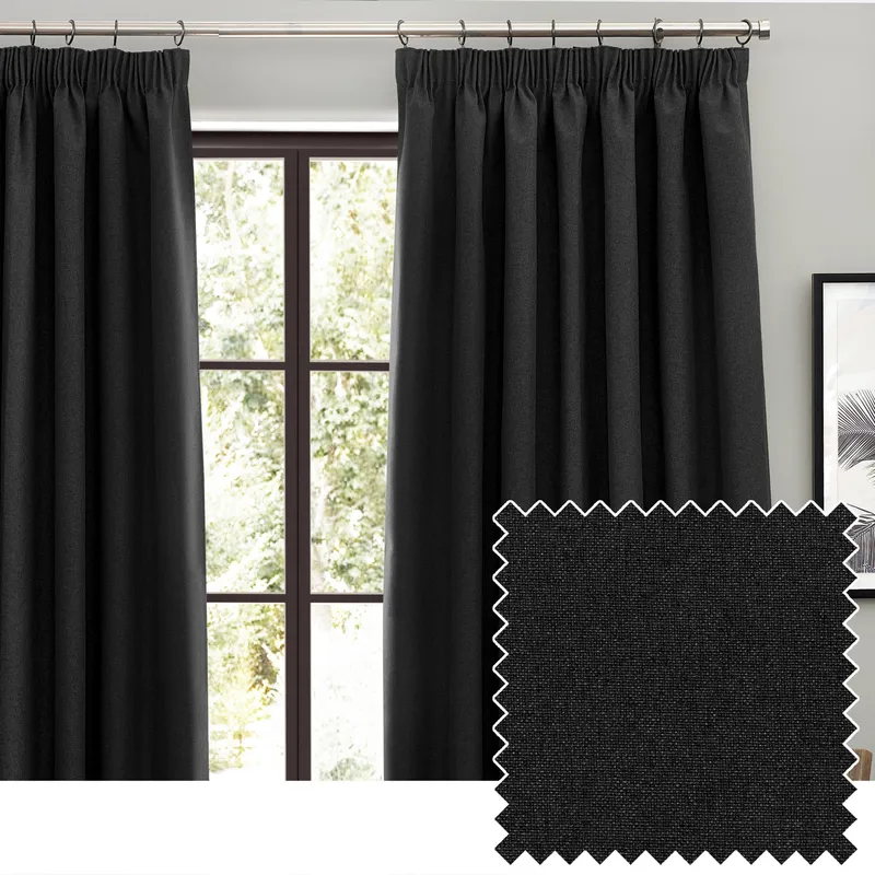 Furn. Dawn Textured Ready Made Pencil Pleat Blackout Curtains Black
