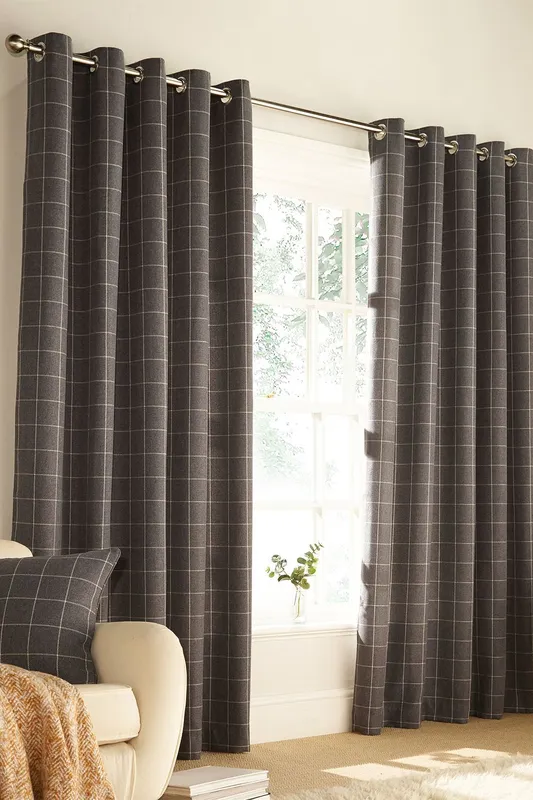 Furn. Ellis Windowpane Check Eyelet Curtains In Grey - Size 229 Cm X 183 Cm