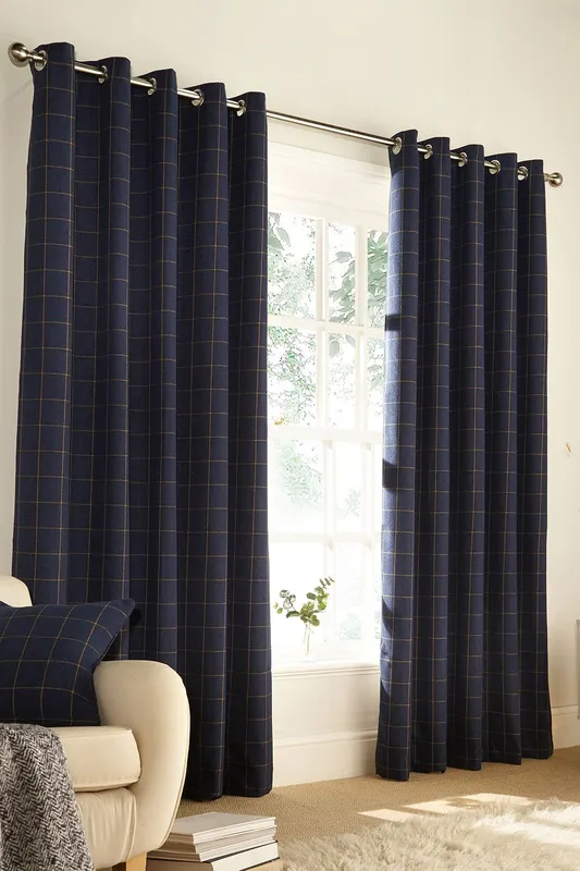 Furn. Ellis Windowpane Check Eyelet Curtains In Navy - Size 229 Cm X 229 Cm