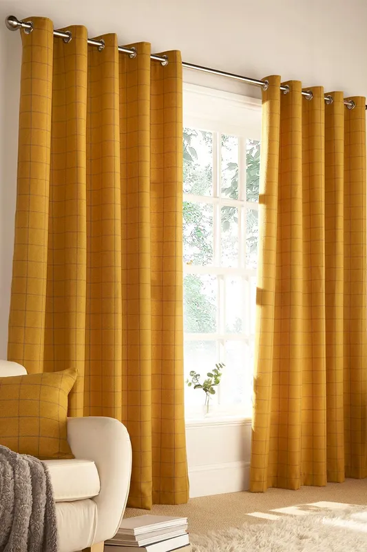Furn. Ellis Windowpane Check Eyelet Curtains In Ochre - Orange - Size 229 Cm X 183 Cm