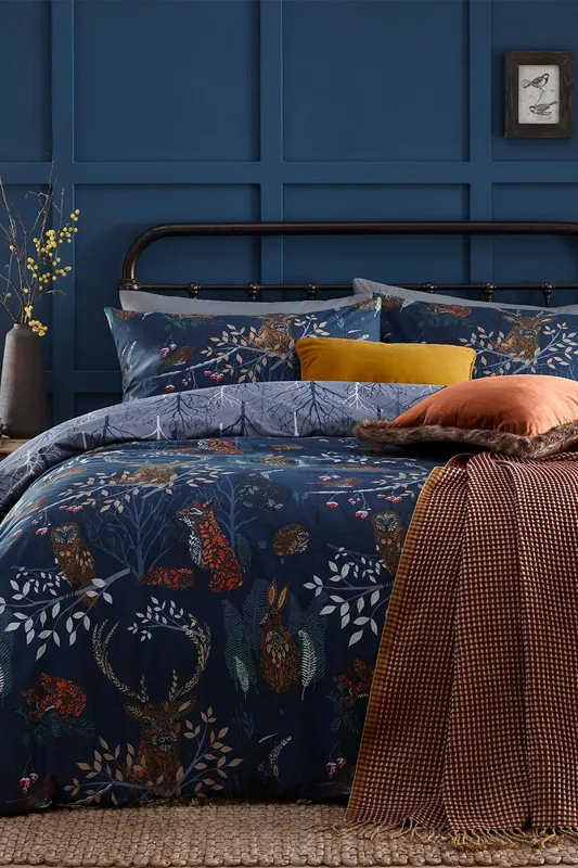 Furn. Forest Fauna Woodland Duvet Cover Set - Navy Cotton - Size King
