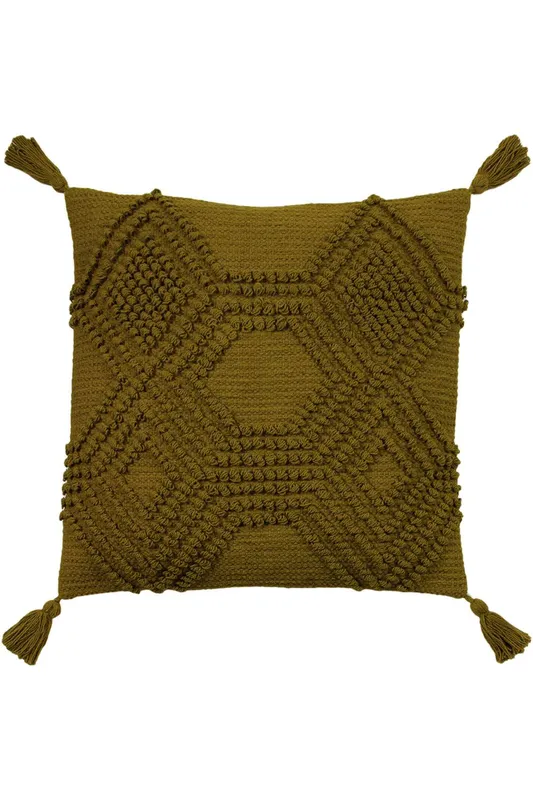 Furn Halmo Tufted Woven Tasselled Cushion in Olive Size: 45cm x 45cm - Olive