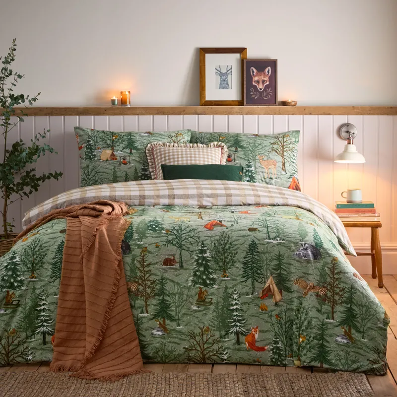 Furn Lodge Wood 100% Brushed Cotton Duvet Set in Green Size: Single Green Single
