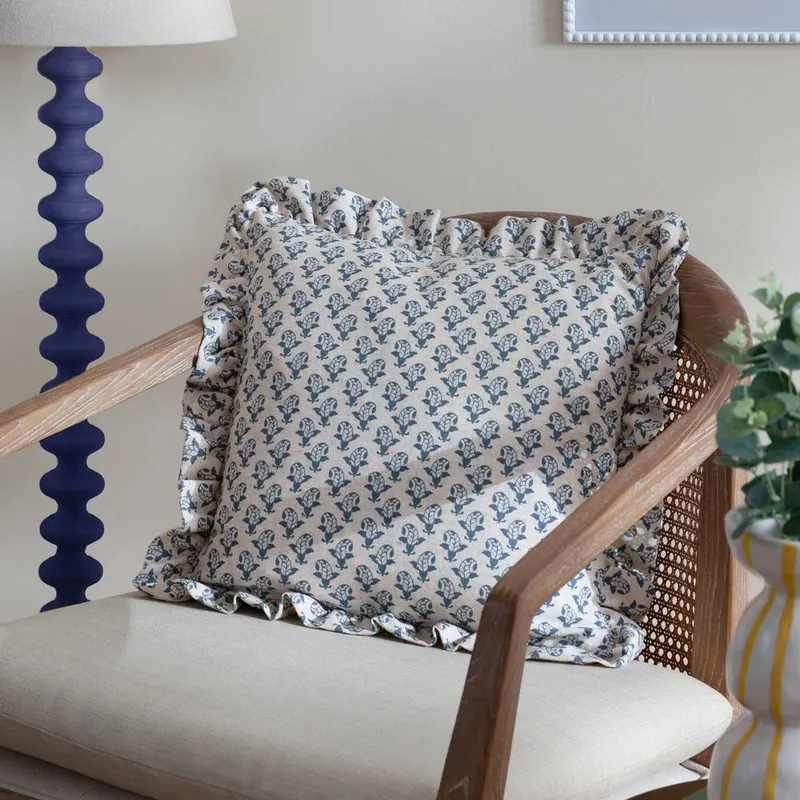 Furn Lulah Block Printed Ruffle Cushion in Blue Size: 45cm x 45cm - Blue