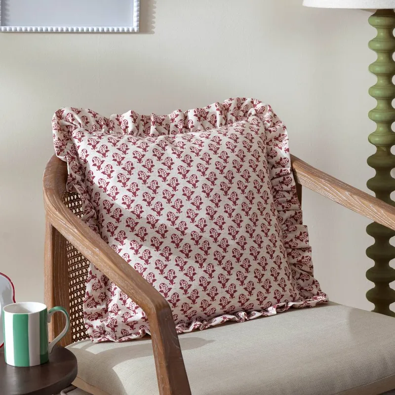 Furn Unisex Lulah Block Printed Ruffle Cushion in Red Size: 45cm x 45cm Red female