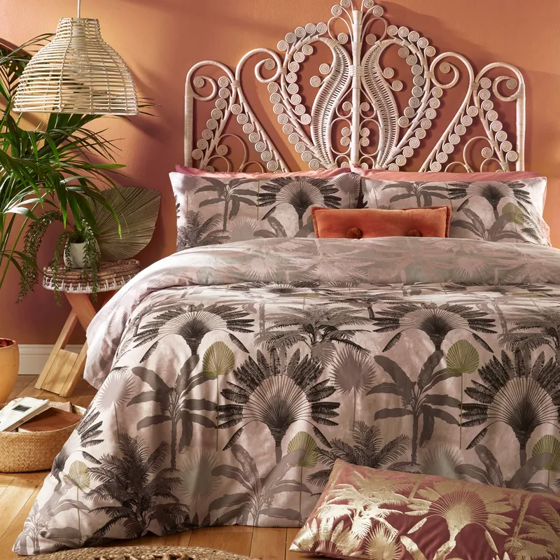 Furn. Malaysian Palm Duvet Cover Set - Blush Cotton - Size Double