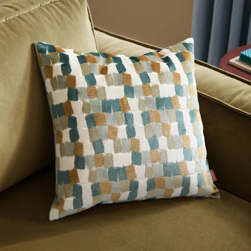 Furn Metro Blocks Velvet Jacquard Square Cushion in Green Size: 45cm x 45cm - Green