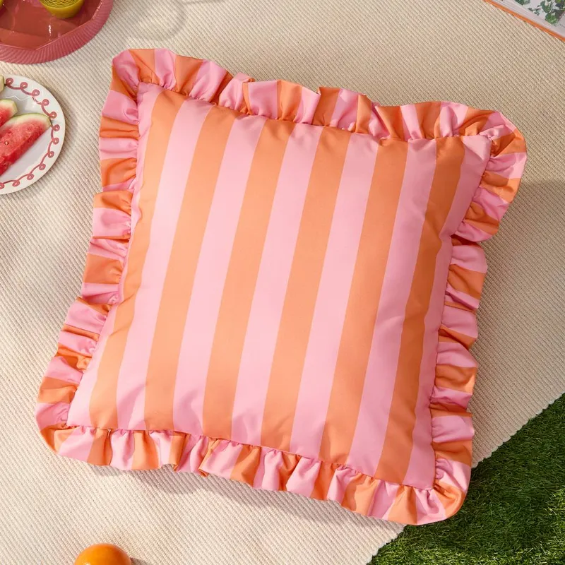 Furn Palm Royale Stripe Ruffle Printed Outdoor Cushion in Orange Size: 50cm x 50cm - Orange