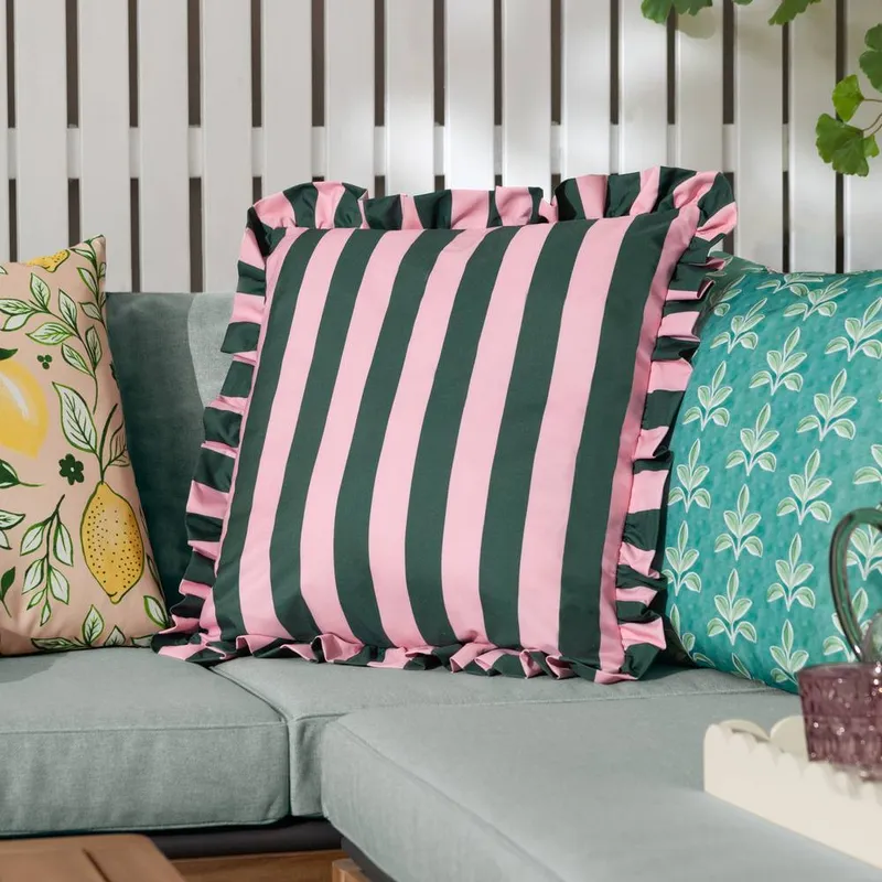 Furn Palm Royale Stripe Ruffle Printed Outdoor Cushion in Pink Size: 50cm x 50cm - Pink