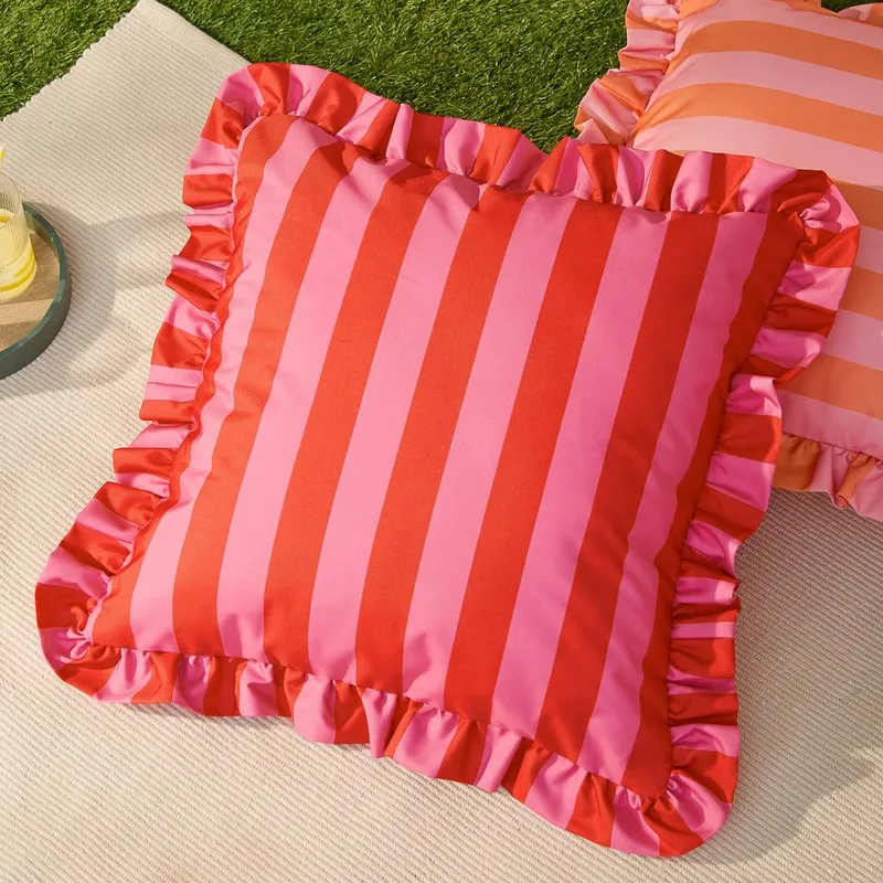 Furn Palm Royale Stripe Ruffle Printed Outdoor Cushion in Red Size: 50cm x 50cm - Red - Size: 50cm x 50cm
