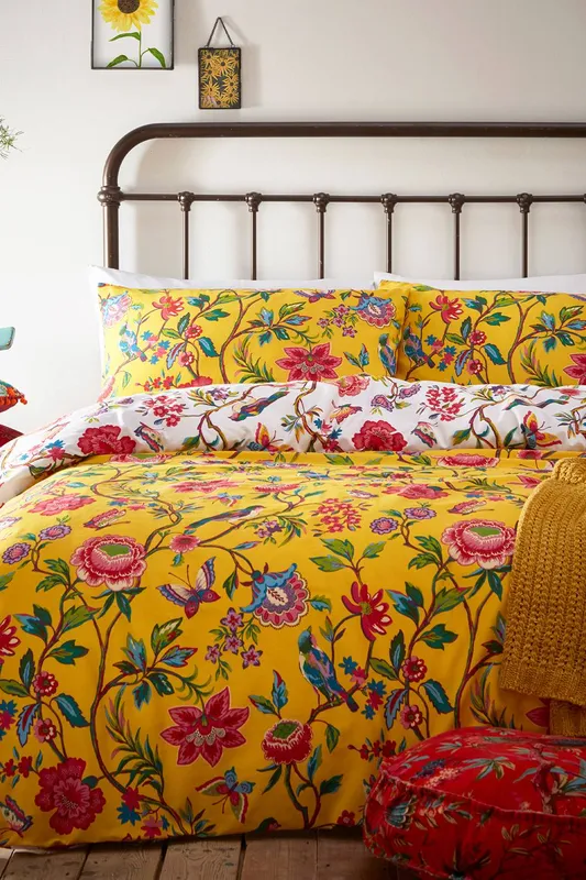 Furn Pomelo Tropical Floral Reversible Duvet Cover Set in Yellow Size: Super King Yellow Super King