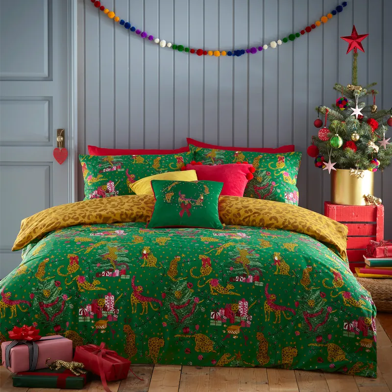 Furn. Purrfect Christmas Duvet Cover Set - Green Cotton - Size Toddler