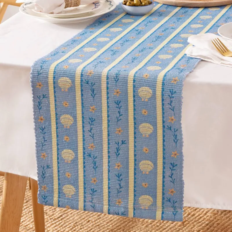 Furn Sea Shells Indoor/Outdoor Table Runner in Blue - Blue