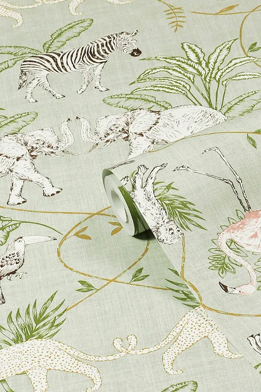 Furn. Serengeti Animal Printed Wallpaper - Green - One Size