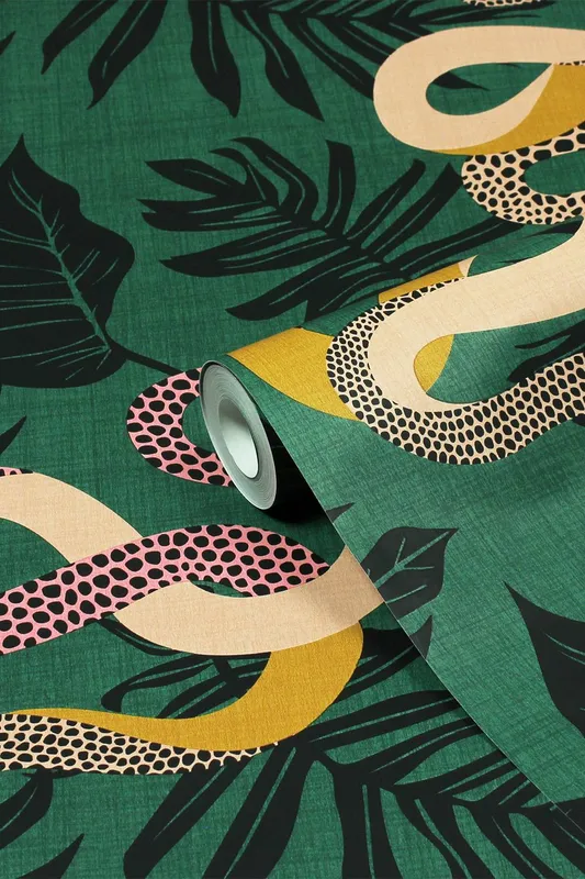 Furn Serpentine Animal Printed Wallpaper in Dark Green - Dark Green