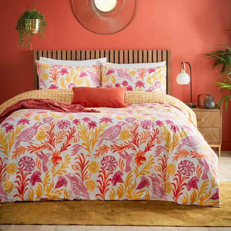 Furn Unisex Alentejo Floral Bird Duvet Cover Set in Orange Size: King Orange King female