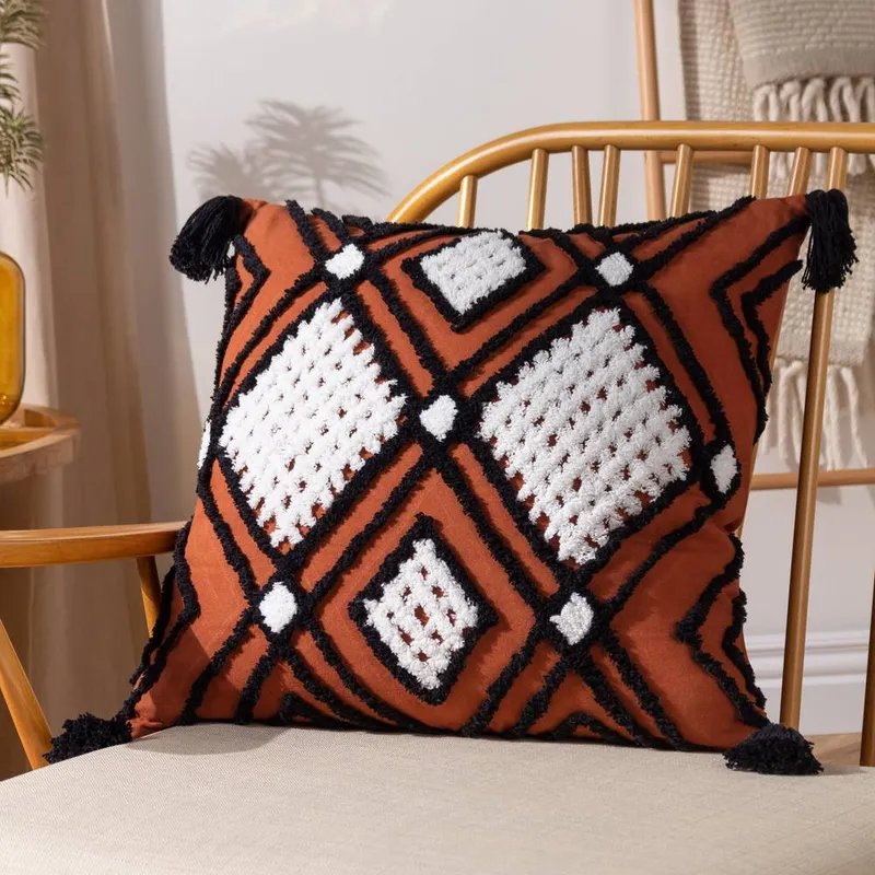 Furn Aquene 100% Cotton Tufted Tasselled Cushion in Red Size: 50cm x 50cm - Red