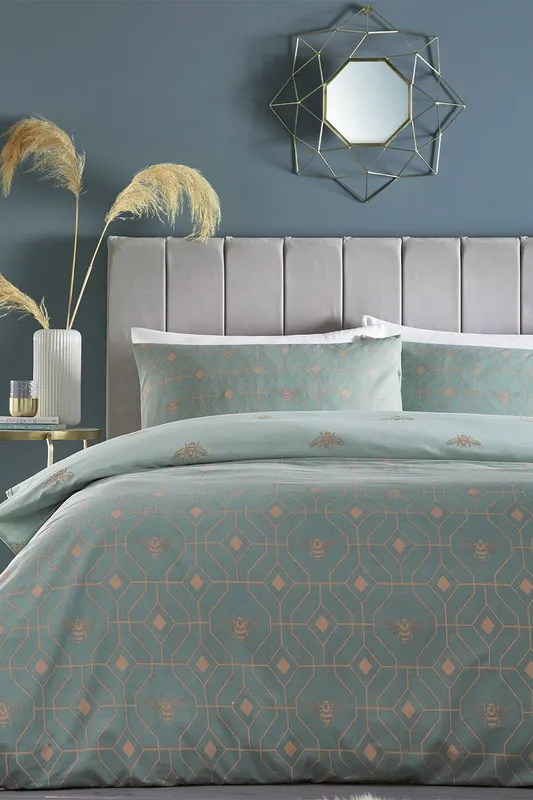Furn. Bee Deco Geometric Duvet Cover Set - Green Polycotton - Size Single