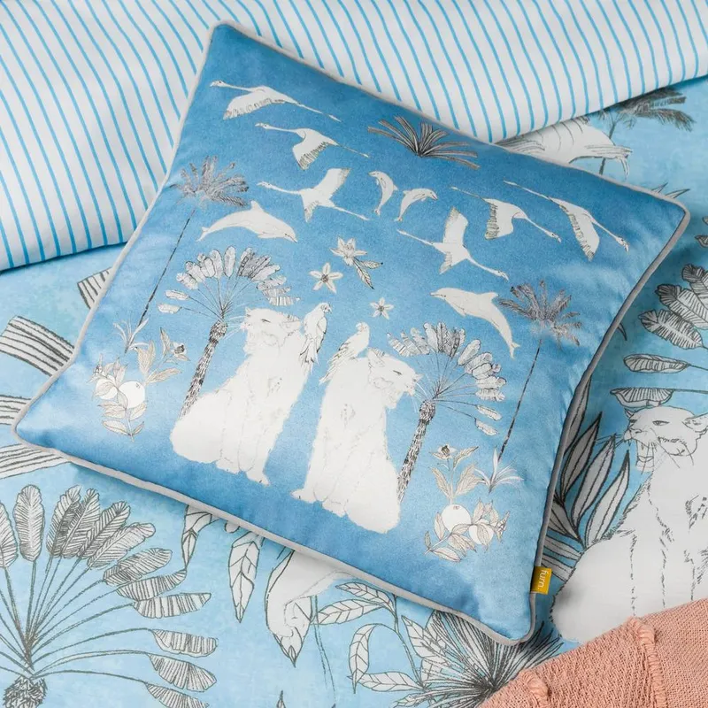 Furn Colony Palm Botanical Printed Velvet Cushion in Blue Size: 43cm x 43cm - Blue