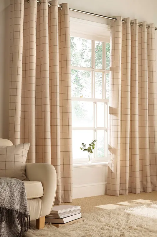 Furn. Ellis Windowpane Check Eyelet Curtains In Natural - Size 168 Cm X 183 Cm