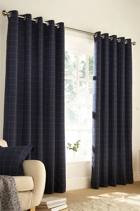 Furn. Ellis Windowpane Check Eyelet Curtains In Navy - Size 168 Cm X 183 Cm