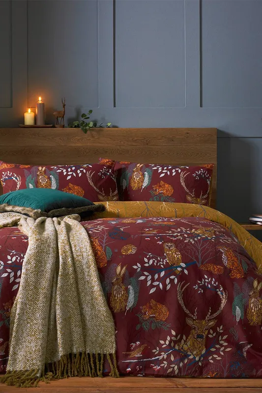 Furn. Forest Fauna Duvet Set - Red Cotton - Size Double