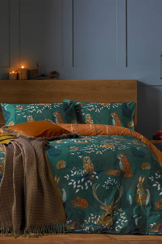 Furn Unisex Forest Fauna Woodland Reversible Duvet Cover Set in Emerald Size: Single Emerald female
