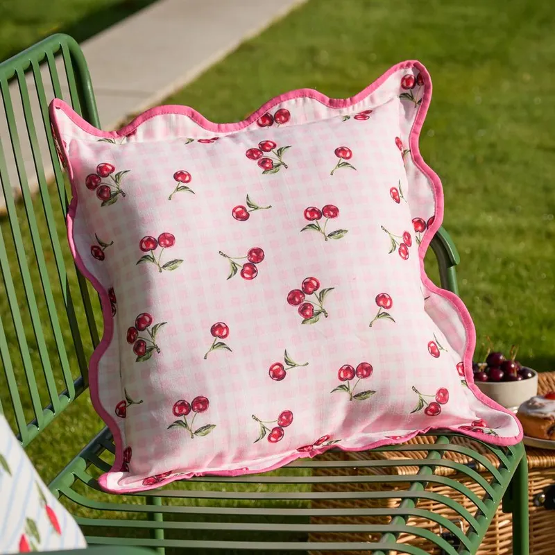 Furn Fruits Cherries Gingham Check Outdoor Cushion in Pink Size: 45 cm x 45 cm Pink 45 cm x 45 cm