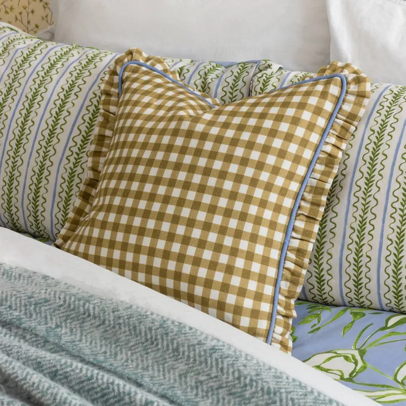 Furn Maude Gingham 100% Cotton Reversible Cushion in Gold Size: 45 cm x 45 cm Gold