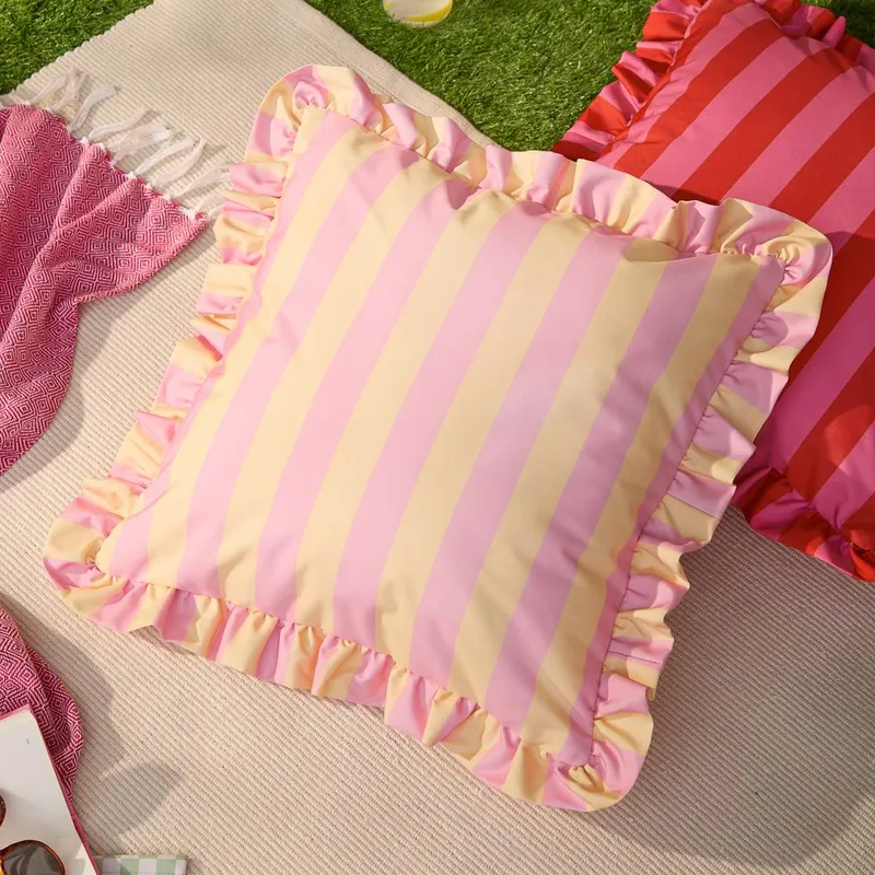 Furn Unisex Palm Royale Stripe Ruffle Printed Outdoor Cushion in Yellow Size: 50cm x 50cm Yellow 50cm x 50cm female