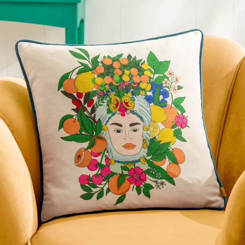 Furn Unisex Taormina Sicilian Moor's Head Floral Cushion in Teal Size: 43cm x 43cm Teal 43cm x 43cm female