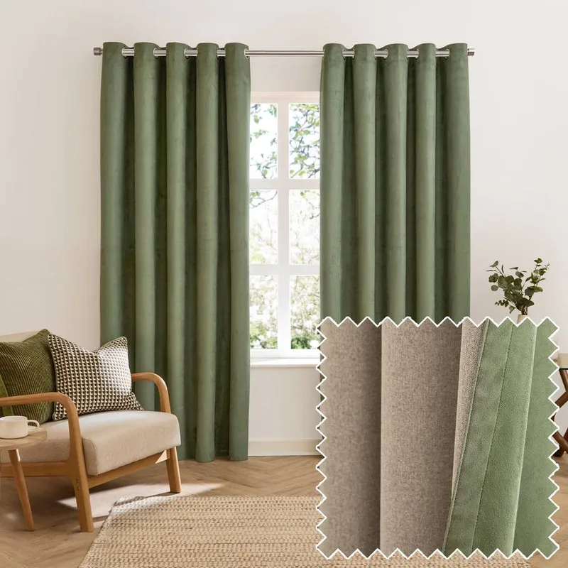 Furn Verso Reversible Suede Look Ready Made Eyelet Blackout Curtains Green