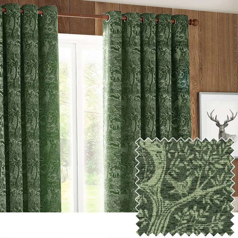 Furn Winter Woods Animal Chenille Eyelet Curtain Pair in Emerald Size: 117 cm width x 183 cm drop Emerald