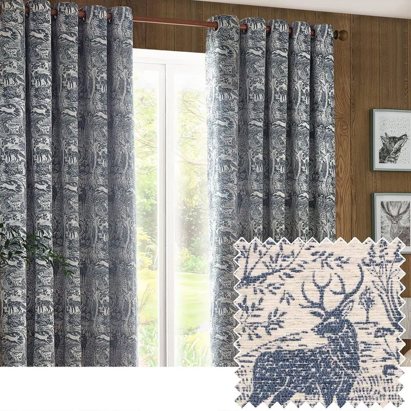 Furn. Winter Woods Animal Chenille Eyelet Curtains - Blue - Size 229 Cm X 183 Cm