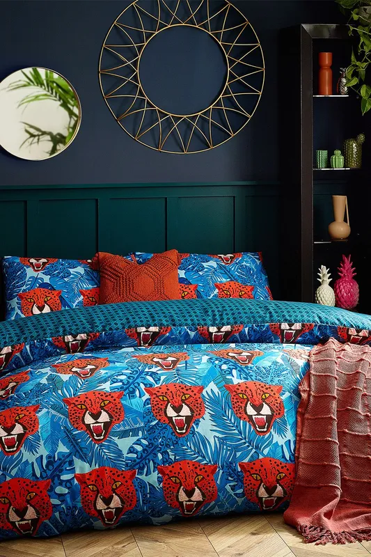 Furn Unisex Untamed Tropical Cheetah Duvet Cover Set in Blue Size: Super King Blue Super King female