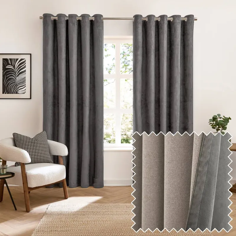 Furn Verso Reversible Suede Look Ready Made Eyelet Blackout Curtains Charcoal