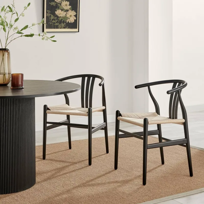 FurnitureboxUK 2x Caia Black Wood & Rope Wishbone Dining Chairs Black