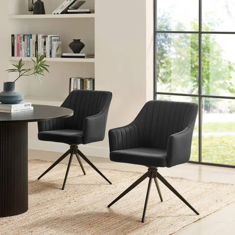 FurnitureboxUK 2x Calla Black Velvet Swivel Dining Chairs Black