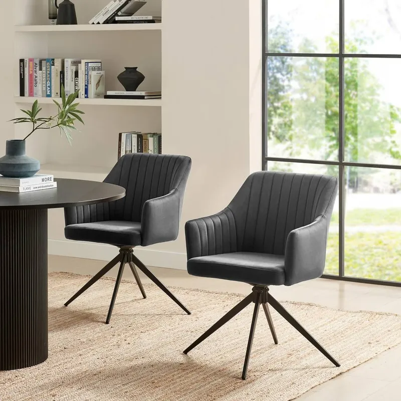 FurnitureboxUK 2x Calla Grey Velvet Swivel Dining Chairs Grey